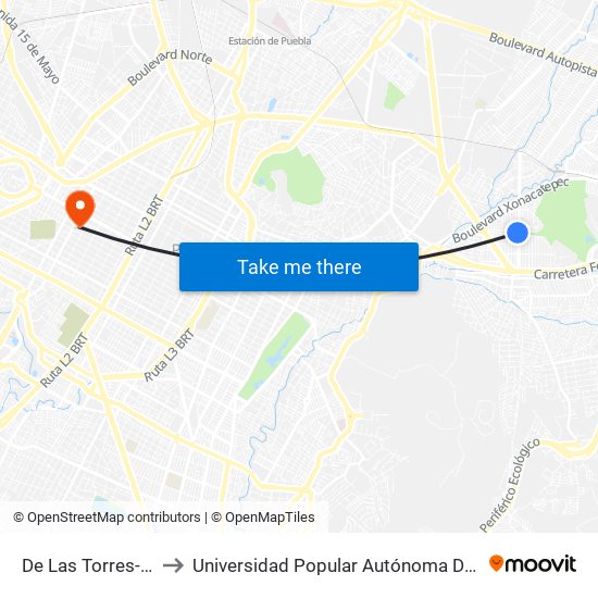 De Las Torres-Amalucan to Universidad Popular Autónoma Del Estado De Puebla map