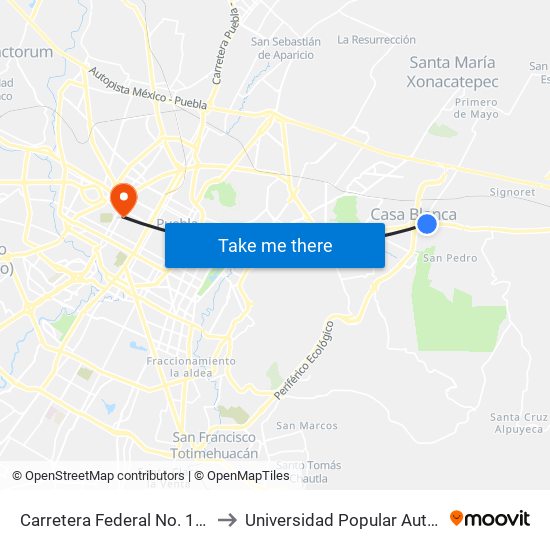 Carretera Federal No. 150 Bulevar Puebla - Tepeaca to Universidad Popular Autónoma Del Estado De Puebla map