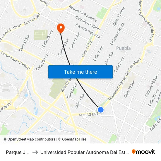 Parque Juárez to Universidad Popular Autónoma Del Estado De Puebla map