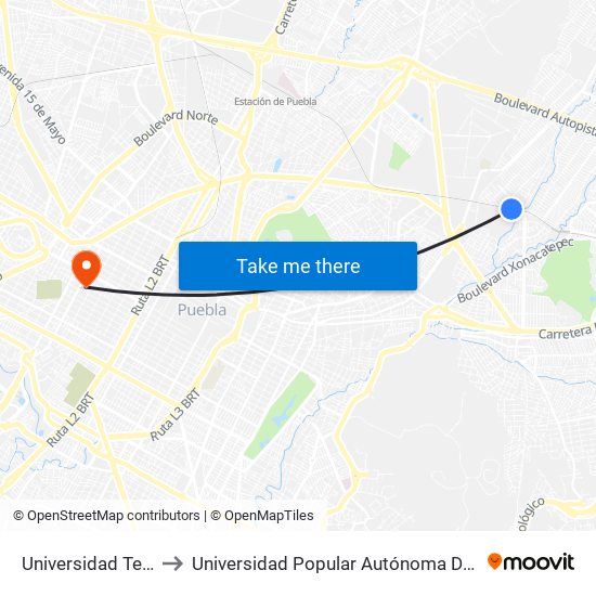Universidad Tecnológica to Universidad Popular Autónoma Del Estado De Puebla map