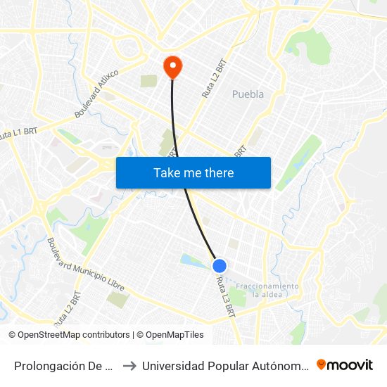 Prolongación De La 14 Sur, 6301 to Universidad Popular Autónoma Del Estado De Puebla map
