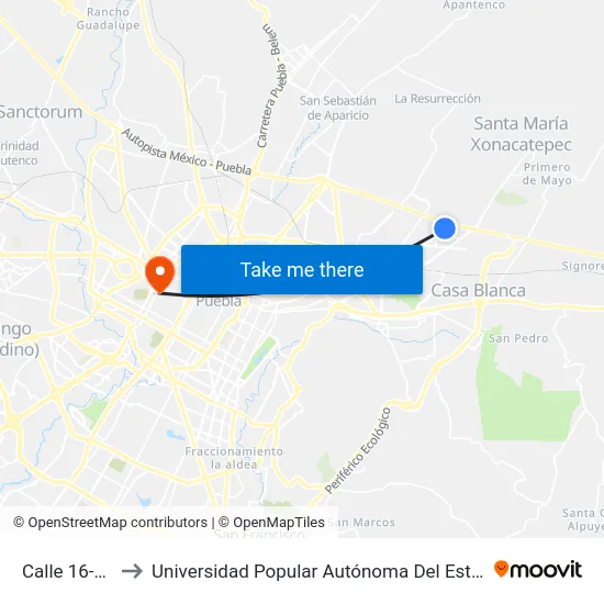 Calle 16-J, 4_1 to Universidad Popular Autónoma Del Estado De Puebla map