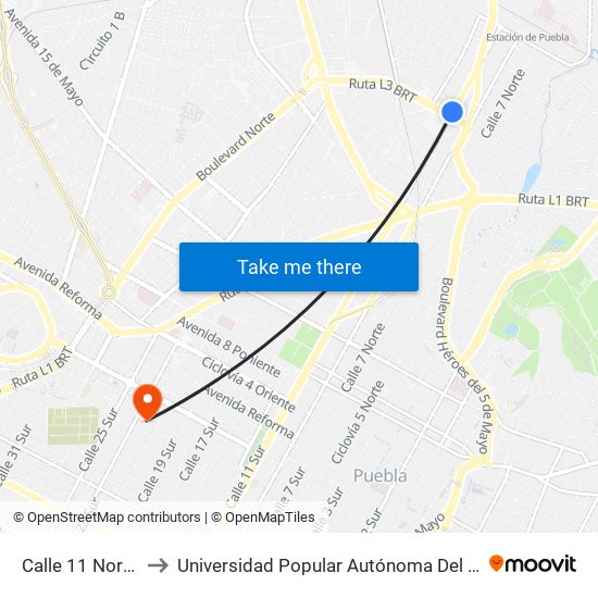 Calle 11 Norte, 6205 to Universidad Popular Autónoma Del Estado De Puebla map