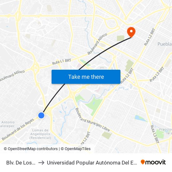 Blv. De Los Reyes to Universidad Popular Autónoma Del Estado De Puebla map