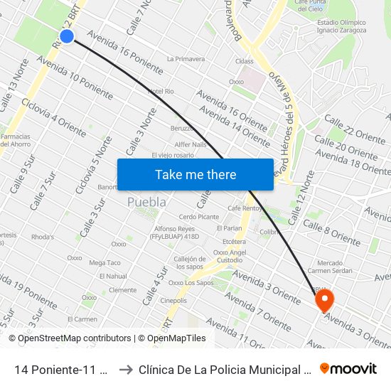 14 Poniente-11 Norte to Clínica De La Policia Municipal Auxiliar map
