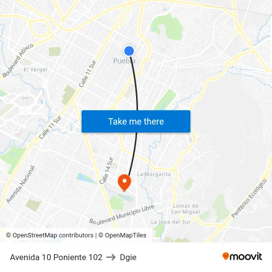 Avenida 10 Poniente 102 to Dgie map