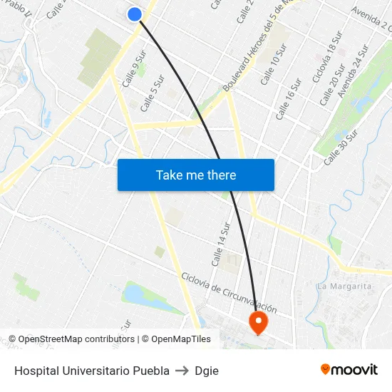 Hospital Universitario Puebla to Dgie map