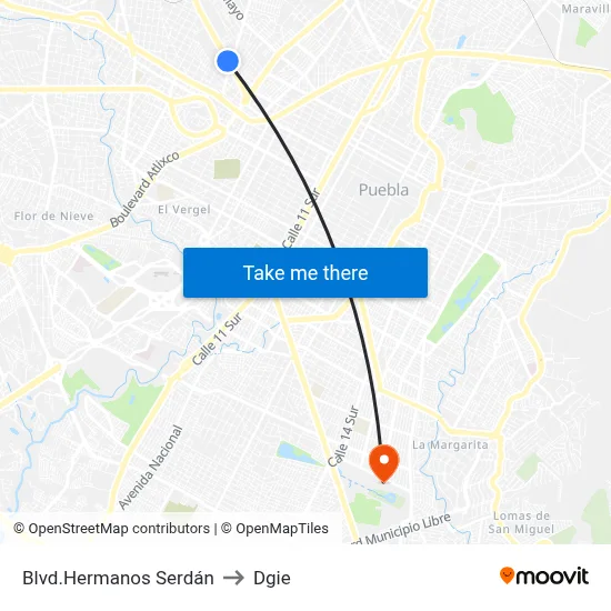 Blvd.Hermanos Serdán to Dgie map