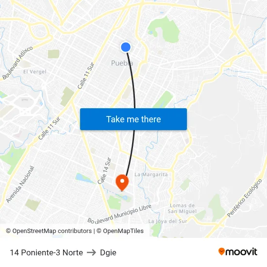 14 Poniente-3 Norte to Dgie map