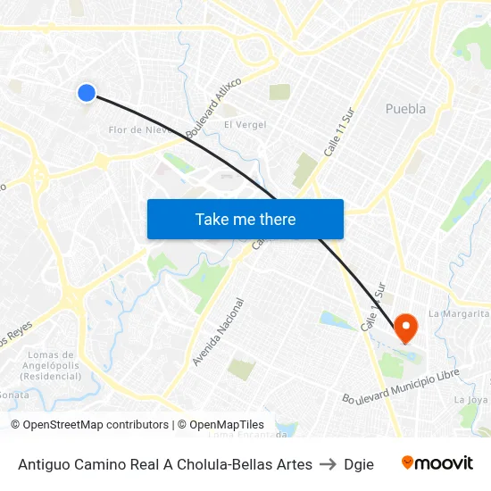 Antiguo Camino Real A Cholula-Bellas Artes to Dgie map