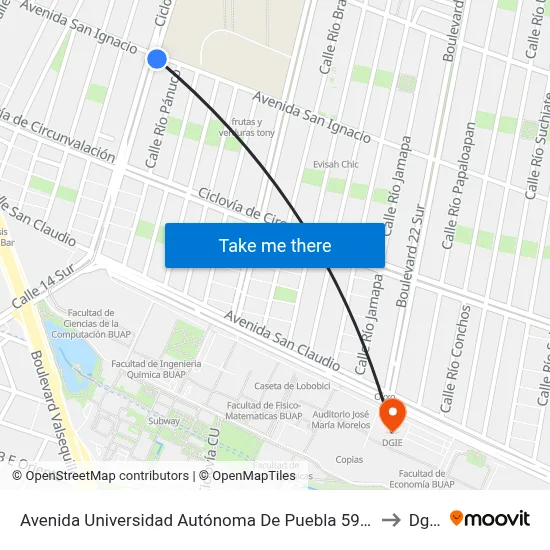 Avenida Universidad Autónoma De Puebla 5904 to Dgie map