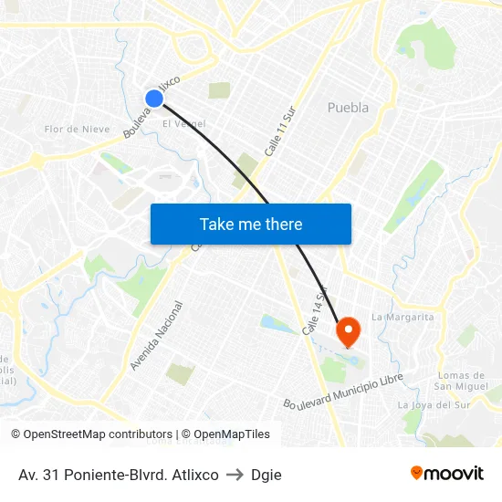 Av. 31 Poniente-Blvrd. Atlixco to Dgie map