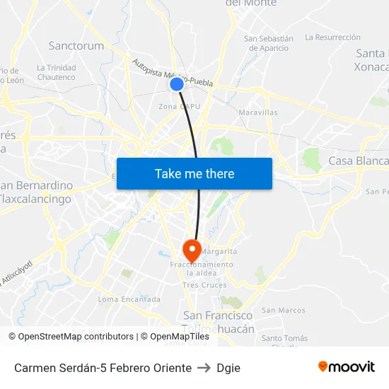 Carmen Serdán-5 Febrero Oriente to Dgie map