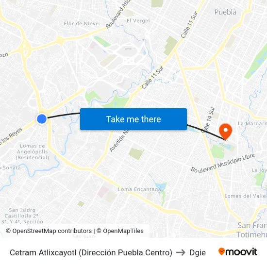 Cetram Atlixcayotl (Dirección Puebla Centro) to Dgie map