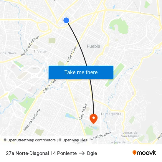 27a Norte-Diagonal 14 Poniente to Dgie map