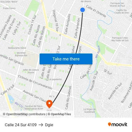 Calle 24 Sur 4109 to Dgie map
