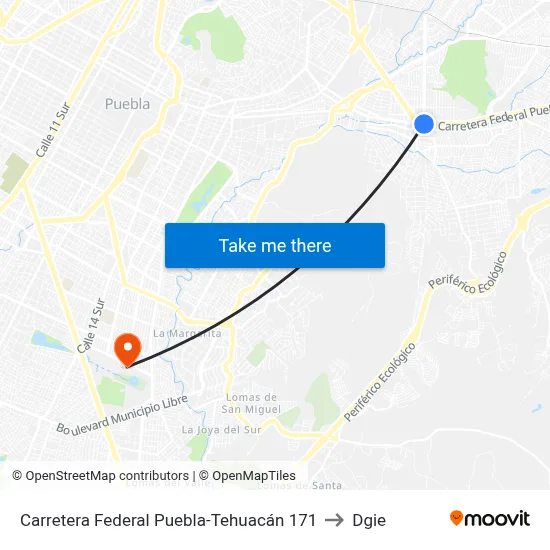 Carretera Federal Puebla-Tehuacán 171 to Dgie map