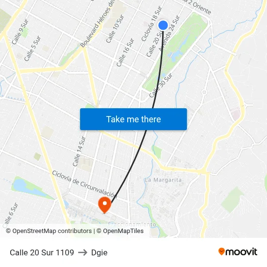 Calle 20 Sur 1109 to Dgie map