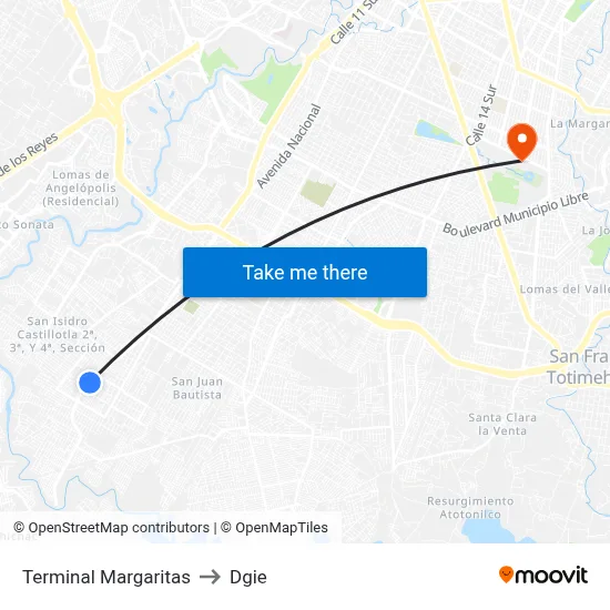 Terminal Margaritas to Dgie map