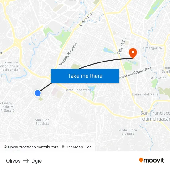 Olivos to Dgie map