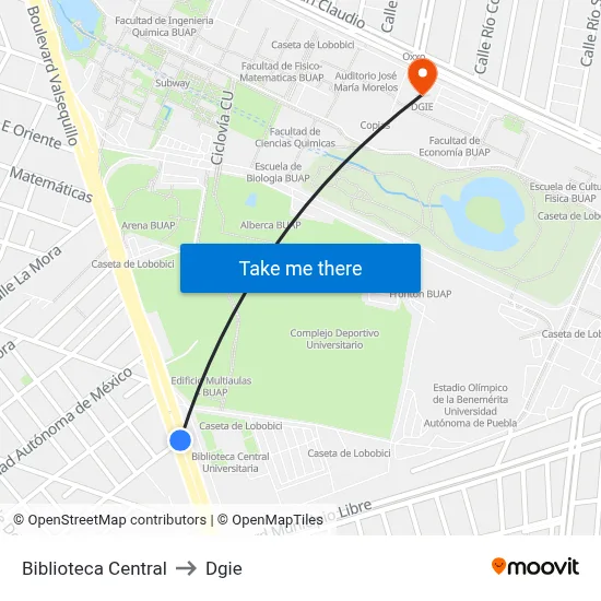 Biblioteca Central to Dgie map