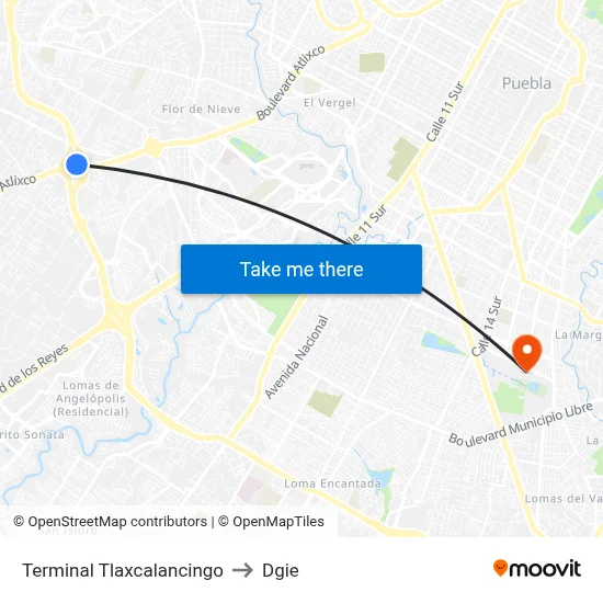 Terminal Tlaxcalancingo to Dgie map