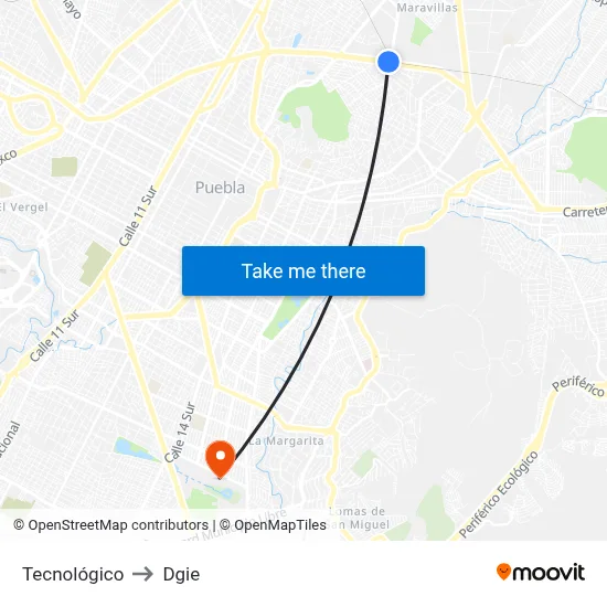 Tecnológico to Dgie map