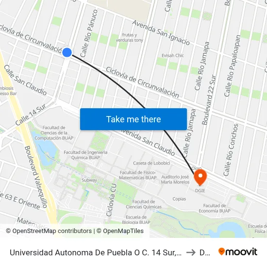 Universidad Autonoma De Puebla O C. 14 Sur, 5943 to Dgie map