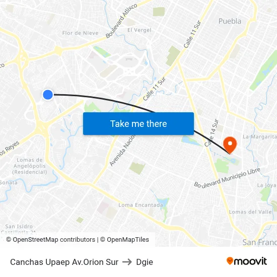 Canchas Upaep Av.Orion Sur to Dgie map