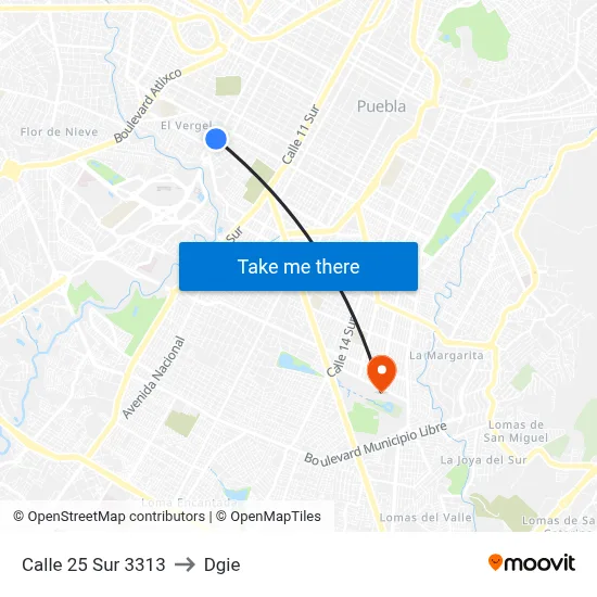 Calle 25 Sur 3313 to Dgie map