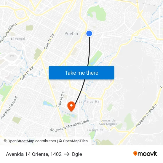 Avenida 14 Oriente, 1402 to Dgie map