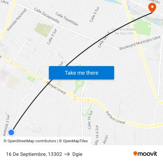 16 De Septiembre, 13302 to Dgie map