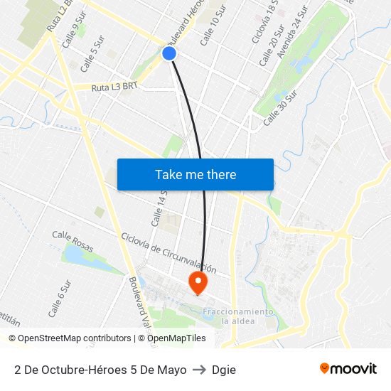 2 De Octubre-Héroes 5 De Mayo to Dgie map