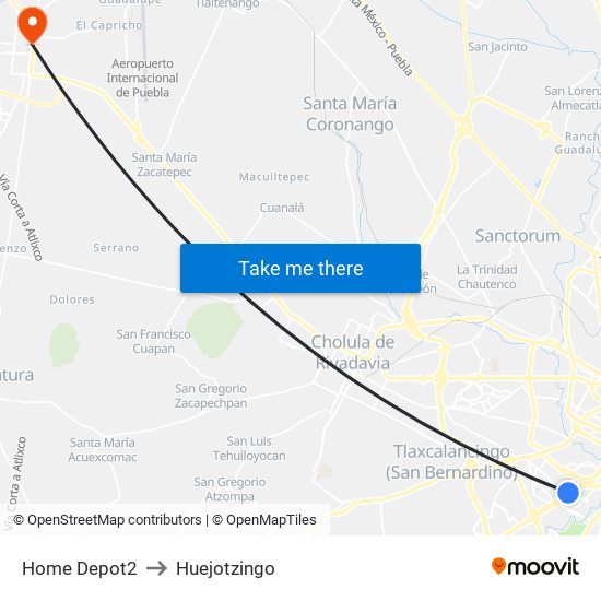 Home Depot2 to Huejotzingo map