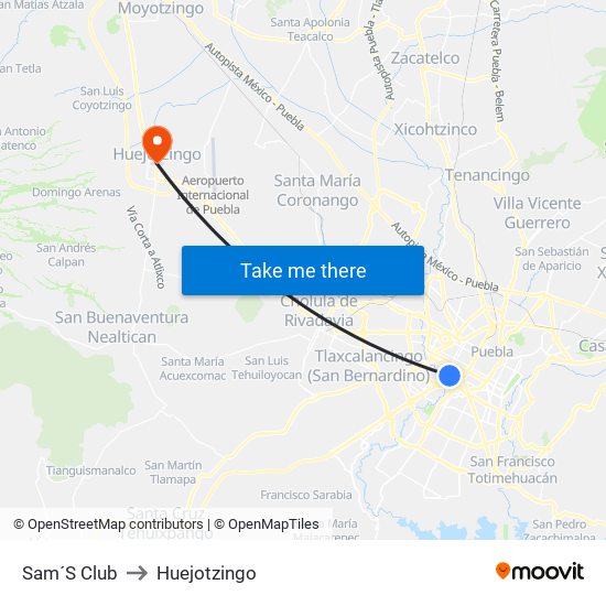Sam´S Club to Huejotzingo map