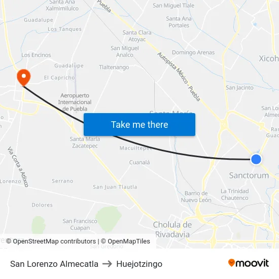 San Lorenzo Almecatla to Huejotzingo map