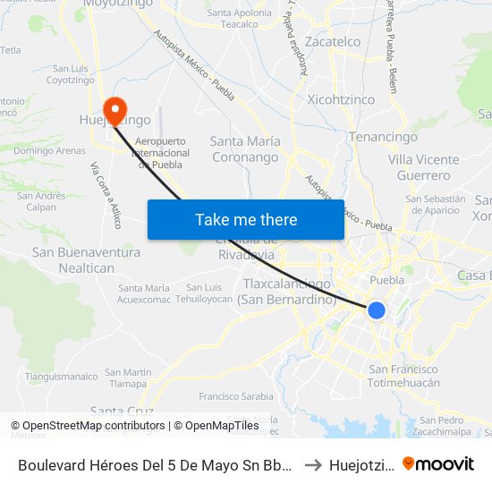 Boulevard Héroes Del 5 De Mayo Sn Bbv Bancomer to Huejotzingo map