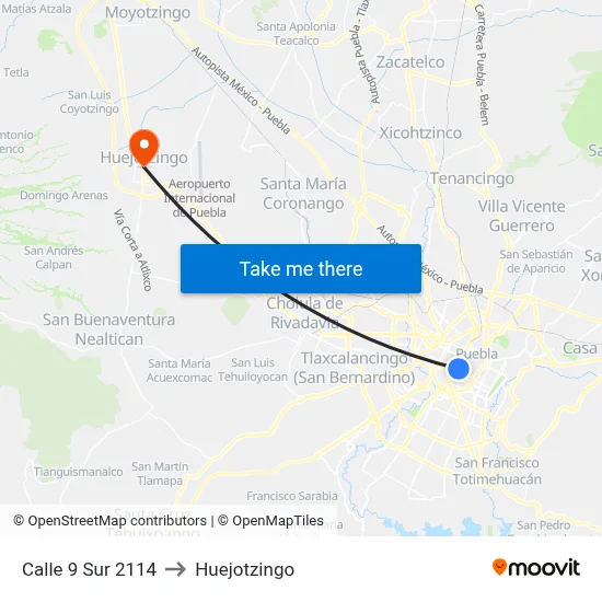 Calle 9 Sur 2114 to Huejotzingo map