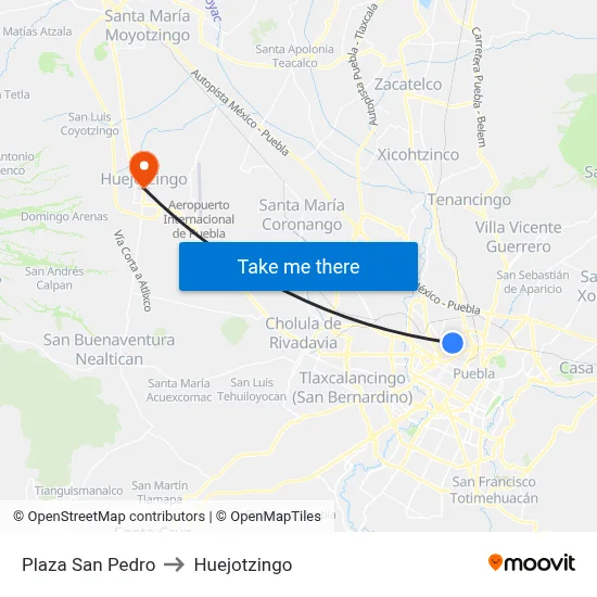 Plaza San Pedro to Huejotzingo map