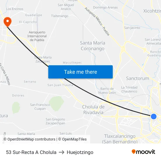 53 Sur-Recta A Cholula to Huejotzingo map