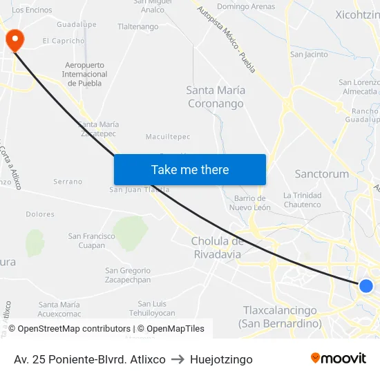 Av. 25 Poniente-Blvrd. Atlixco to Huejotzingo map
