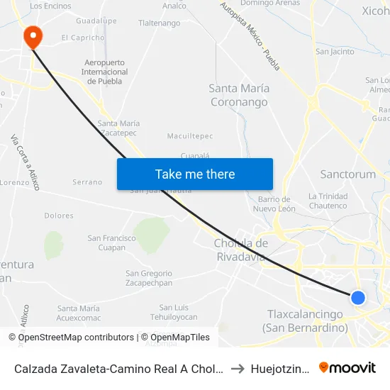 Calzada Zavaleta-Camino Real A Cholula to Huejotzingo map