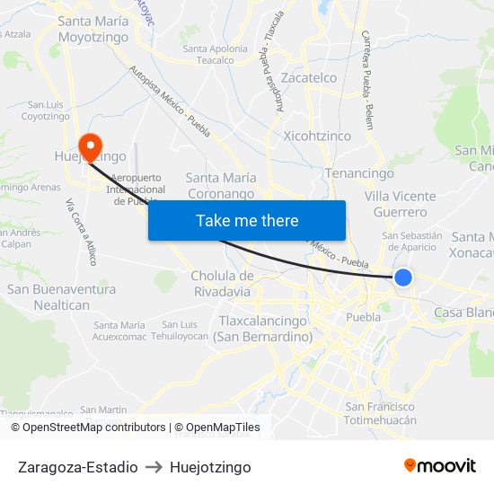 Zaragoza-Estadio to Huejotzingo map