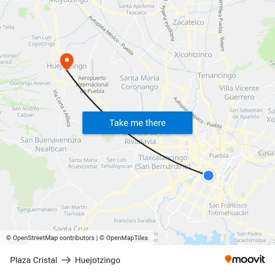 Plaza Cristal to Huejotzingo map