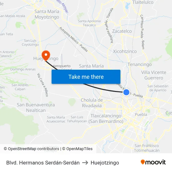 Blvd. Hermanos Serdán-Serdán to Huejotzingo map