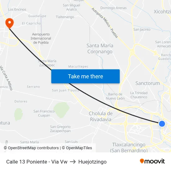 Calle 13 Poniente - Via Vw to Huejotzingo map