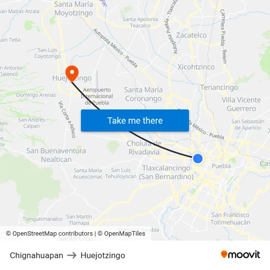 Chignahuapan to Huejotzingo map