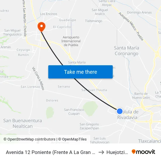 Avenida 12 Poniente (Frente A La Gran Bodega) to Huejotzingo map