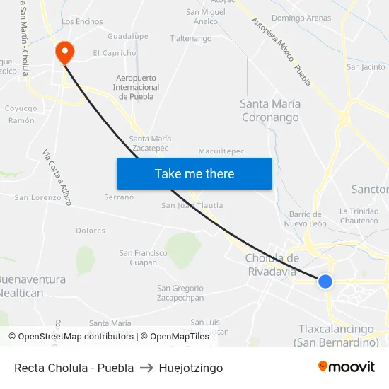Recta Cholula - Puebla to Huejotzingo map
