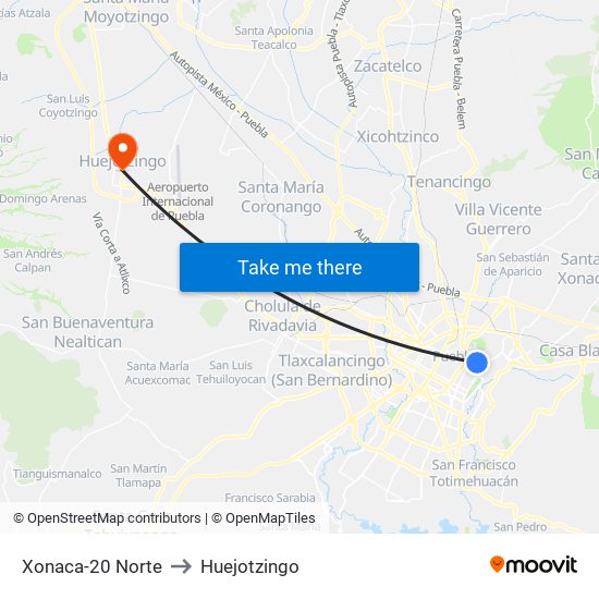 Xonaca-20 Norte to Huejotzingo map